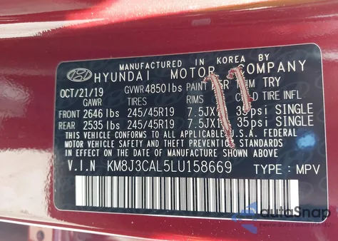 2020 Hyundai Tucson Sport z USA, uszkodzony, nr VIN KM8J3CAL5LU158669